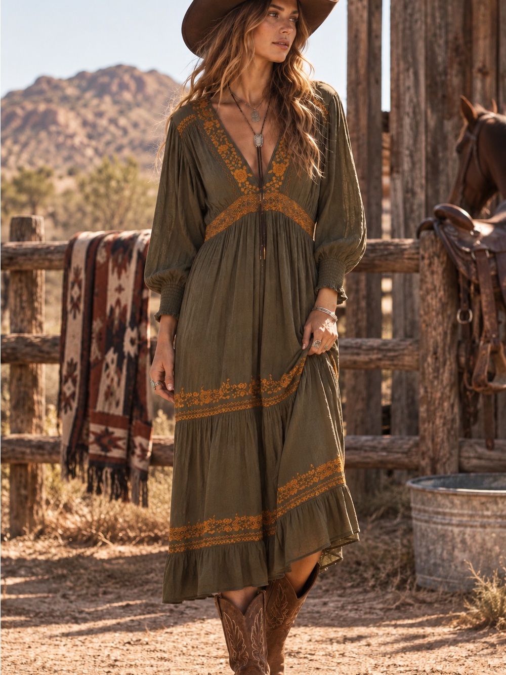 NWT Shyanne Two Tone Embroidered Tiered Midi Dress Western Rodeo Forest Green XL